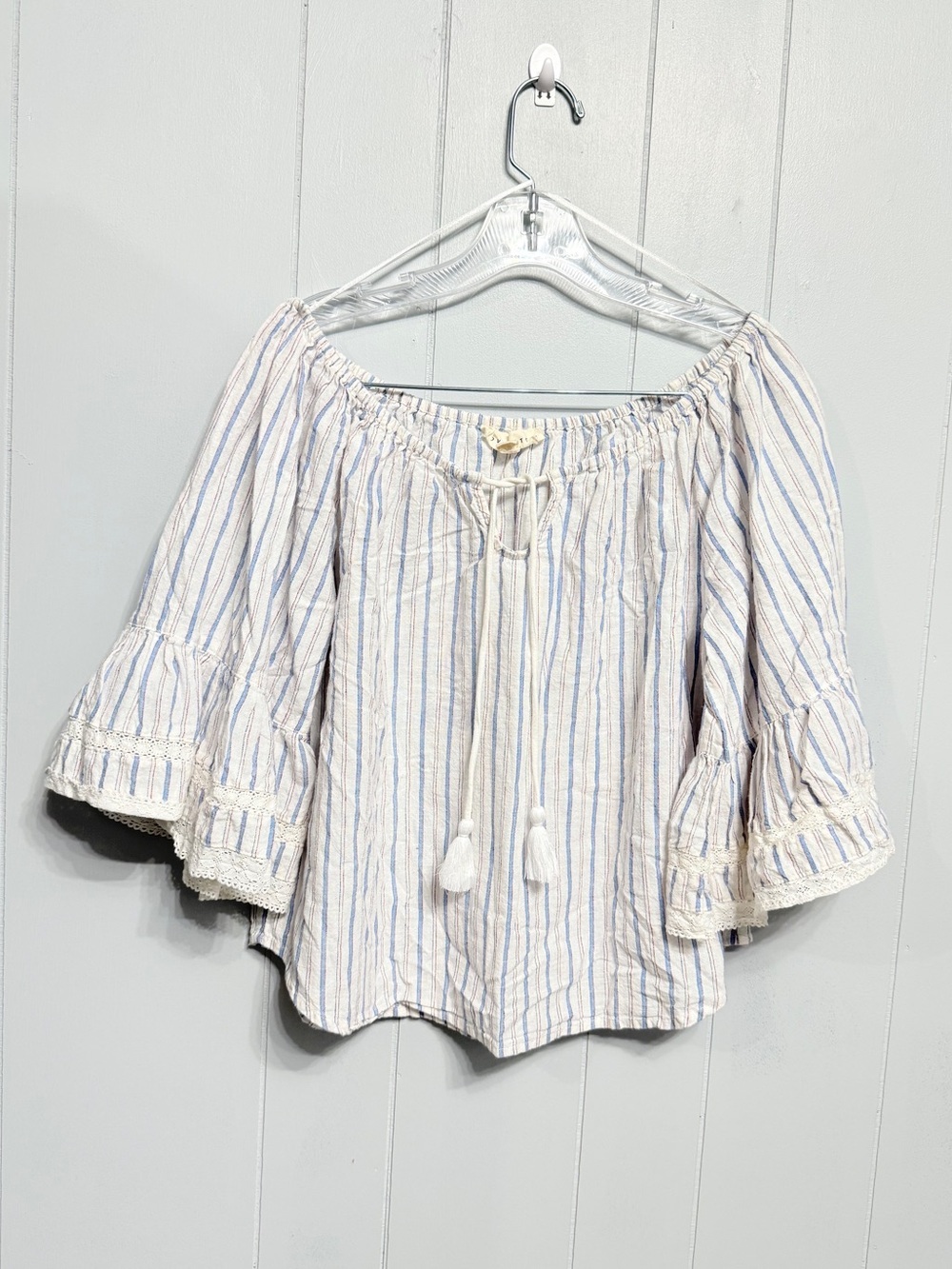 #12)  Cotton & Linen Light Blue Striped Peasant Top with Tassel Tie Super Cute